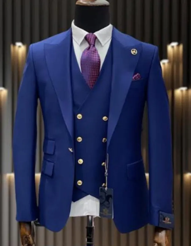 Mens One Button Peak Lapel Vested Wool Suit with Gold buttons in Sapphire Blue sold by Alberto Nardoni