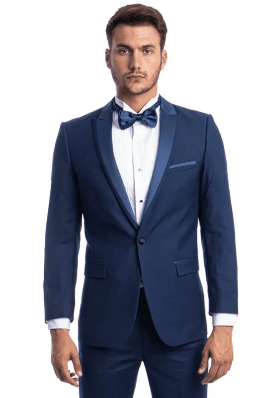 Men's Slim Fit One Button Satin Trim Peak Lapel Prom & Wedding Tuxedo In Cobalt Blue sold by Alberto Nardoni