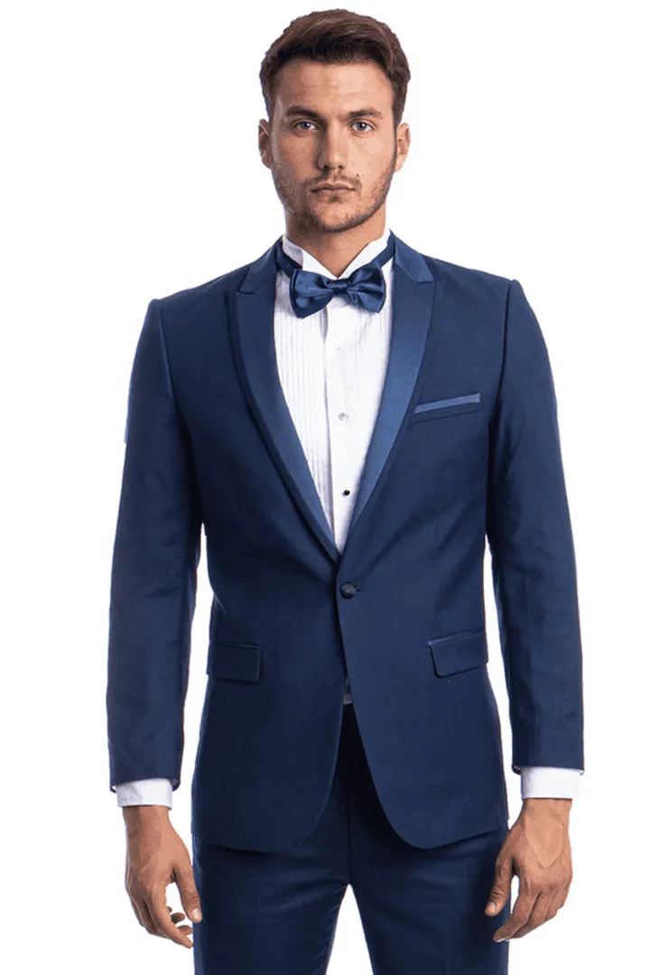 Men's Slim Fit One Button Satin Trim Peak Lapel Prom & Wedding Tuxedo In Cobalt Blue sold by Alberto Nardoni