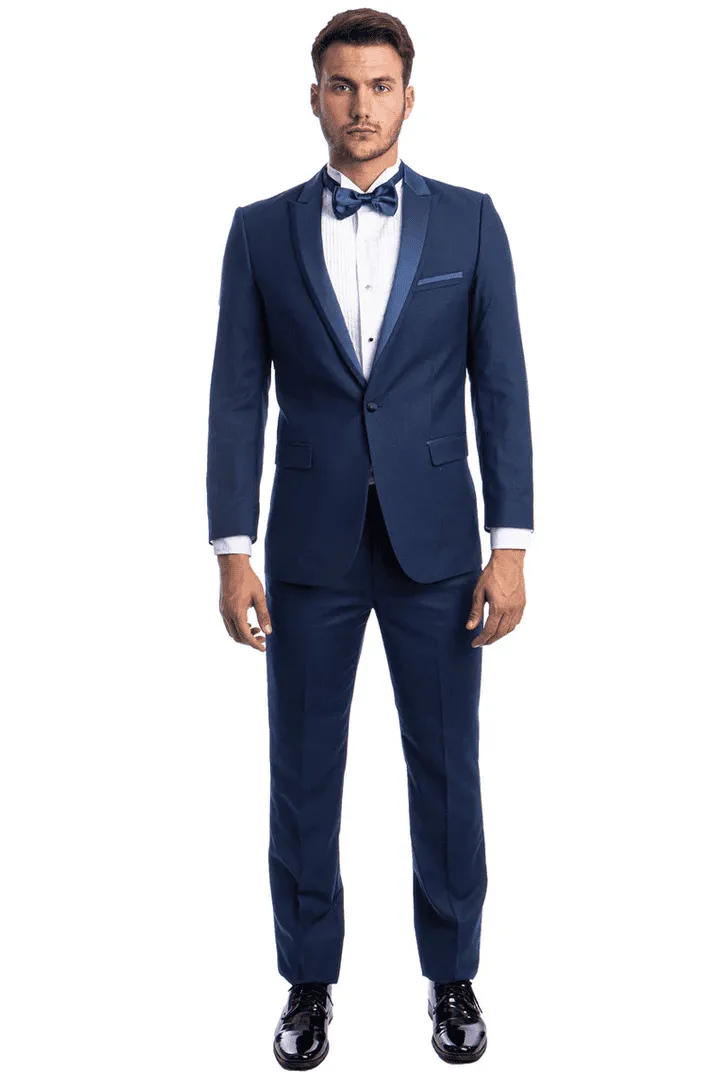 Men's Slim Fit One Button Satin Trim Peak Lapel Prom & Wedding Tuxedo In Cobalt Blue sold by Alberto Nardoni product image thumbnail 2
