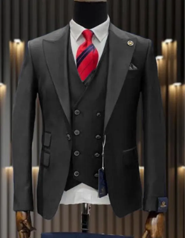 Mens One Button Peak Lapel Double Breasted Vest Wool Suit in Charcoal Grey sold by Alberto Nardoni