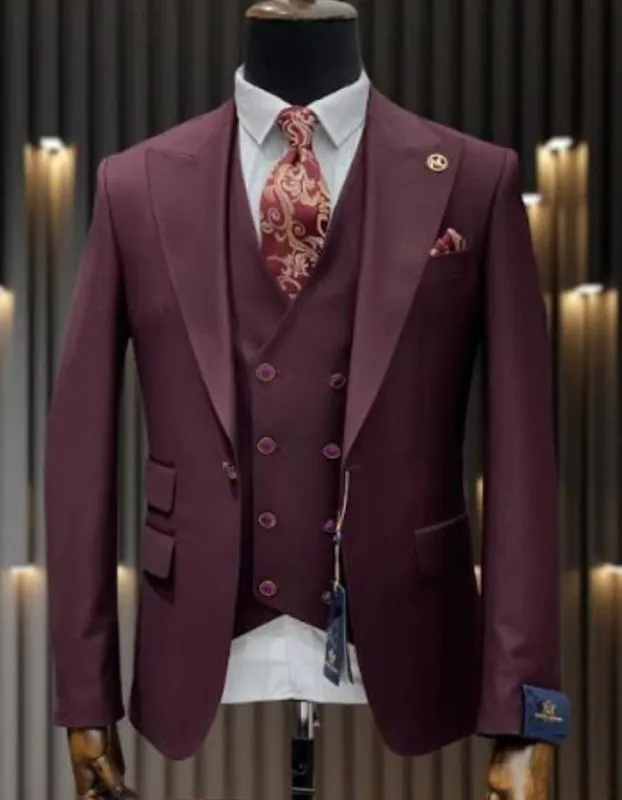 Mens One Button Peak Lapel Double Breasted Wool Suit in Burgundy sold by Alberto Nardoni
