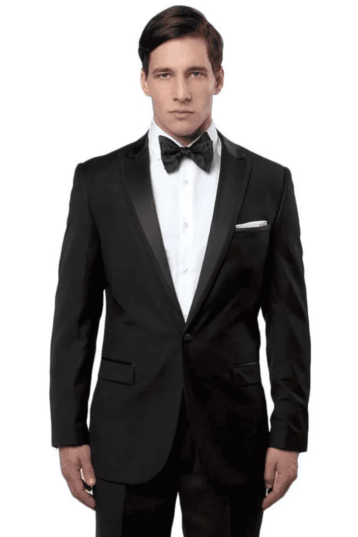 Men's Slim Fit One Button Satin Trim Peak Lapel Prom & Wedding Tuxedo In Black sold by Alberto Nardoni product image thumbnail 2