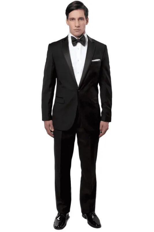 Men's Slim Fit One Button Satin Trim Peak Lapel Prom & Wedding Tuxedo In Black sold by Alberto Nardoni
