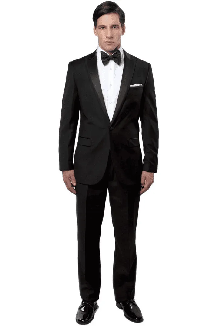 Men's Slim Fit One Button Satin Trim Peak Lapel Prom & Wedding Tuxedo In Black sold by Alberto Nardoni
