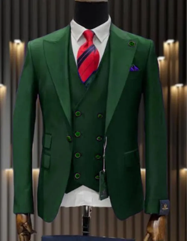 Mens One Button Peak Lapel Double Breasted Vest Wool Suit in Hunter Green sold by Alberto Nardoni