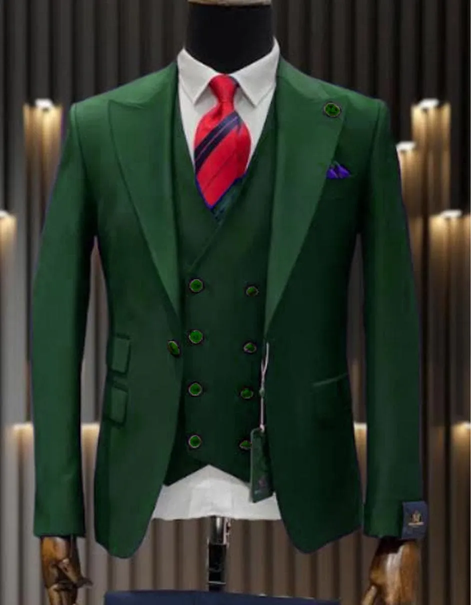 Mens One Button Peak Lapel Double Breasted Vest Wool Suit in Hunter Green sold by Alberto Nardoni