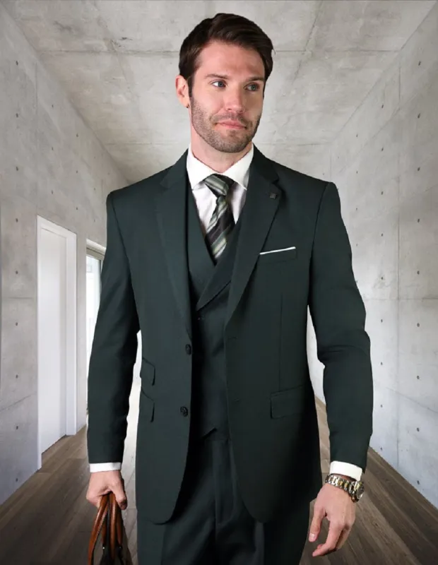 Mens 2 Button Slim Fit Wool Suit With Double Breasted Vest in Hunter Green sold by Alberto Nardoni