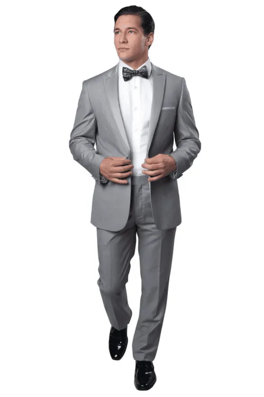 Men's Slim Fit One Button Satin Trim Peak Lapel Prom & Wedding Flat Front Pants Tuxedo In Light Grey sold by Alberto Nardoni