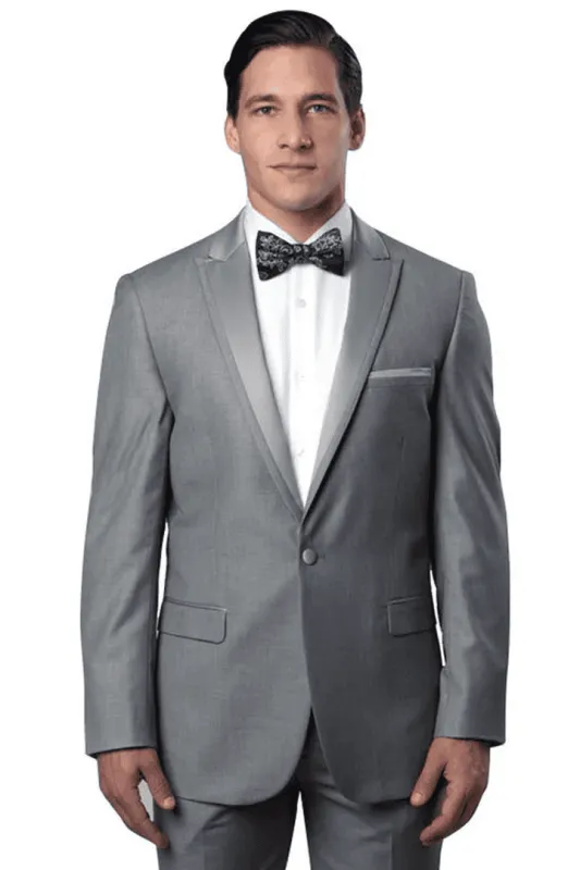 Men's Slim Fit One Button Satin Trim Peak Lapel Prom & Wedding Tuxedo In Grey sold by Alberto Nardoni