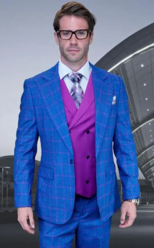 Mens 1 Button Modern Fit Suits Flat Front Pants Suit - Sapphire sold by Alberto Nardoni