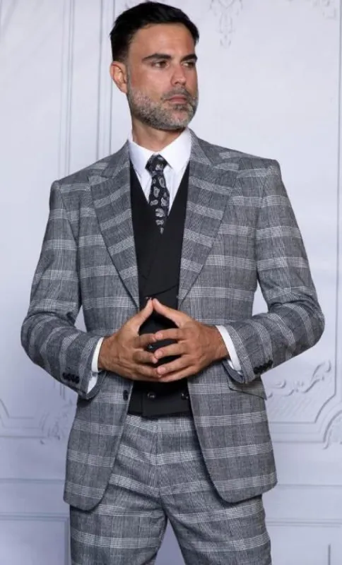 Gray Plaid Suit - Glen Plaid With Black Vest - 100% Wool Super 150'S Wool Suit - Grey Checkered Suit sold by Alberto Nardoni