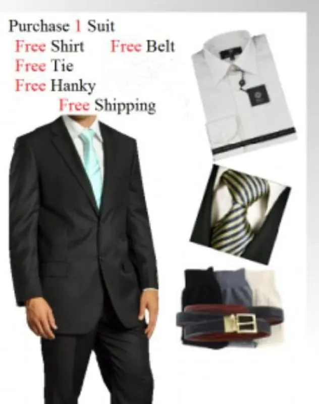 Suit And Shirt Combinations Men's Two Button Black Suit- Dress Shirt, Free Tie & Hankie Package Combo ~ Combination sold by Alberto Nardoni