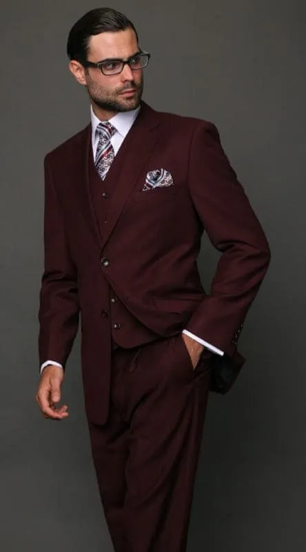 Tz-100bg Classic 3pc 2 Button Solid Burgundy Mens Suit By Tessori Uomo Super 150's Extra Fine Italian Fabric sold by Alberto Nardoni