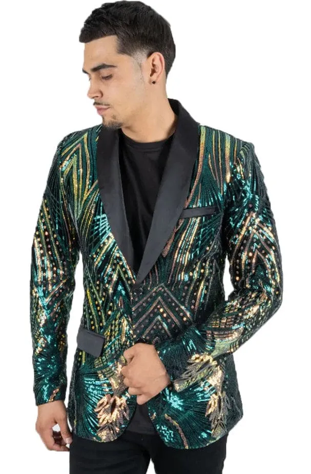 Mens Emerald Green & Gold Linear Sequin Prom Blazer Satin Tuxedo sold by Alberto Nardoni