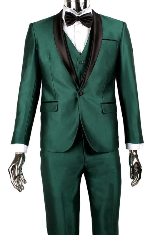 Mens 1 Button Shawl Lapel Vested Wedding | Prom Tuxedo in Emerald Green Sharkskin sold by Alberto Nardoni