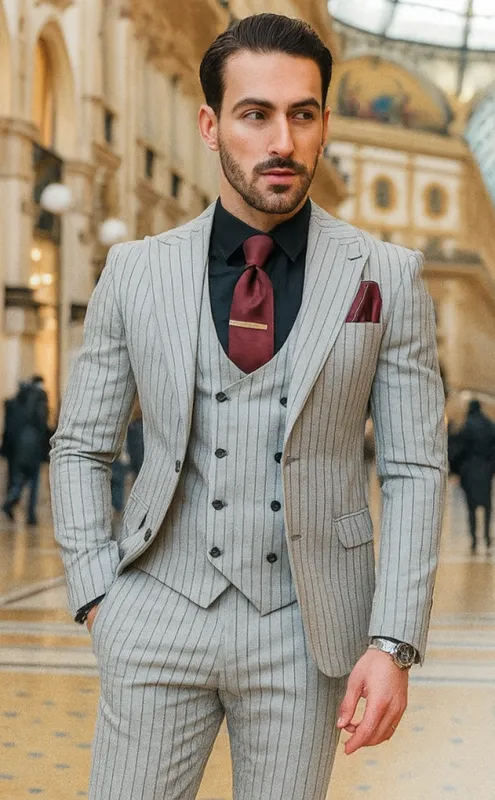 1920s Mint Grey And Black Pinstripe Suit - Vested Stripe Gangster Suit - SAM371SK-01 sold by Alberto Nardoni