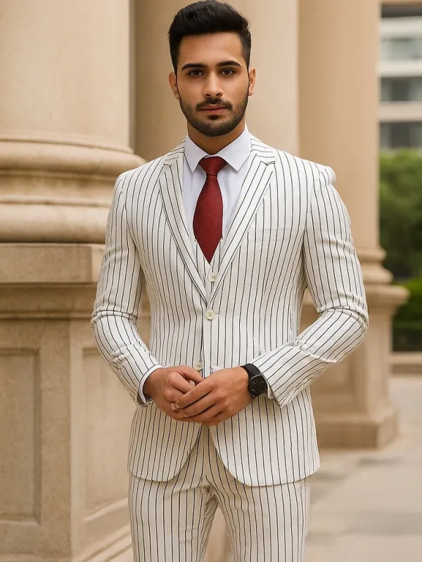 SKU#JA60387 White Suit With Black Pinstripe - 1920'S 1940'S Dress Suit sold by Alberto Nardoni