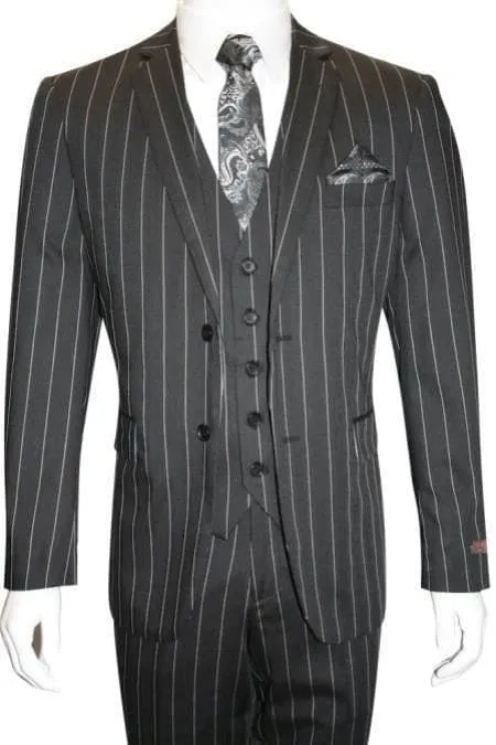 Mens Chalk Stripe Suit - Black Suit sold by Alberto Nardoni