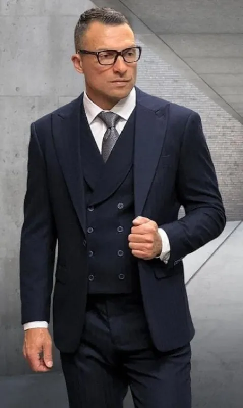 Tone On Tone Pinstripe - Shadow Stripe - Double Breasted Vest Suit - Wool Fabric Suit Black sold by Alberto Nardoni