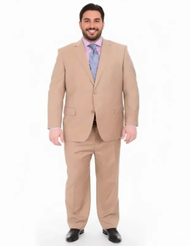 Men's Portly Executive Fit Solid Tan Light Brown Two Button 2 Piece Suit Executive Fit Suit - Mens Portly Suit sold by Alberto Nardoni