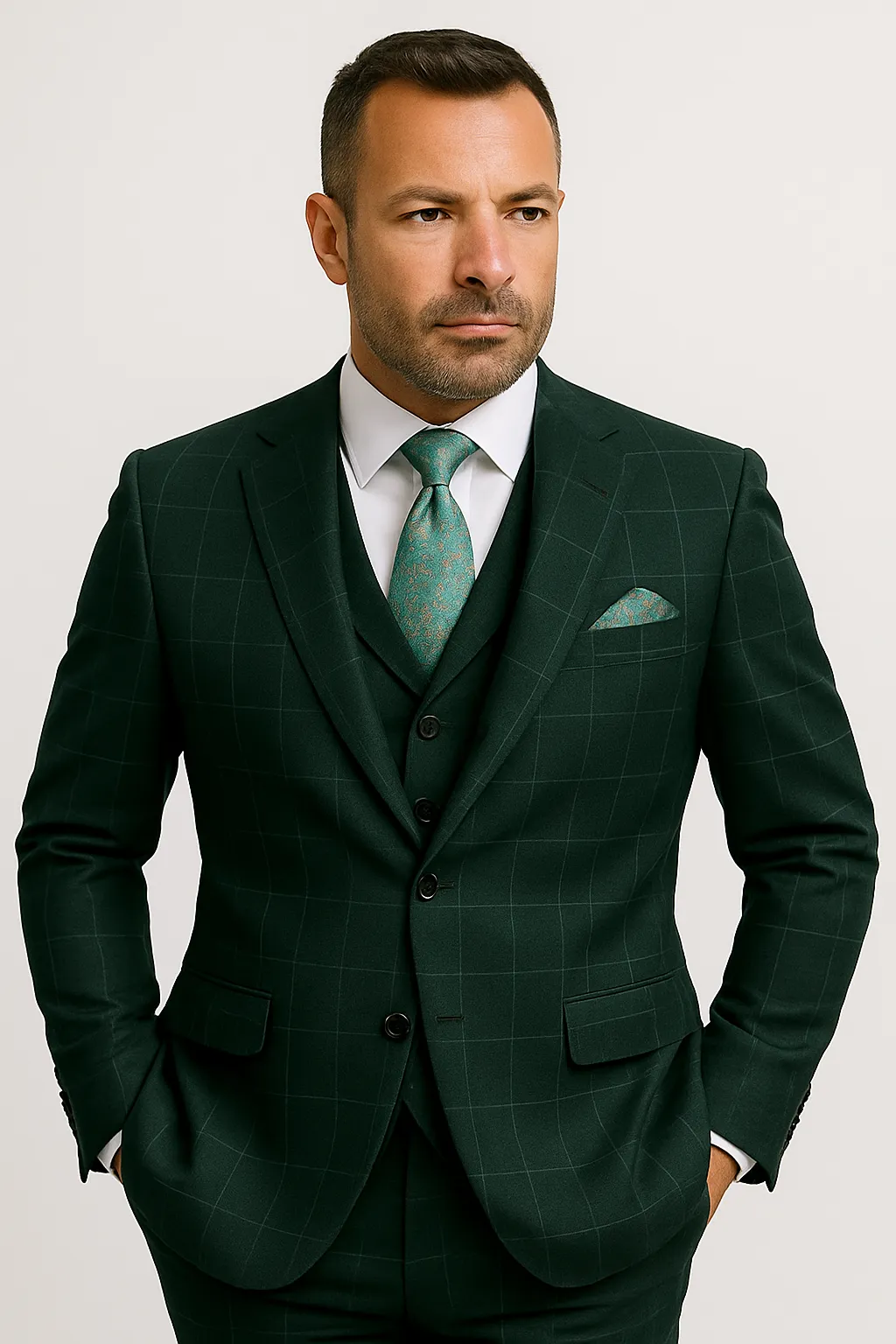 Hunter Green Plaid Suit - Windowpane Pattern Modernt Fit in Dark Green With Vest sold by Alberto Nardoni product image thumbnail 5