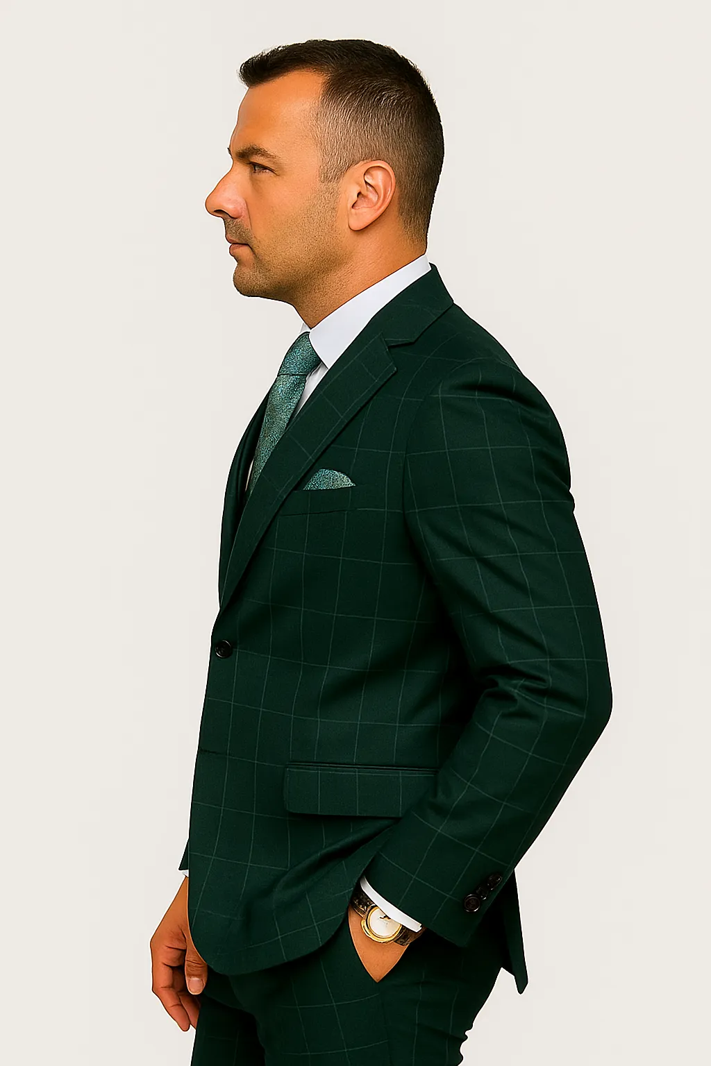 Hunter Green Plaid Suit - Windowpane Pattern Modernt Fit in Dark Green With Vest sold by Alberto Nardoni product image thumbnail 3