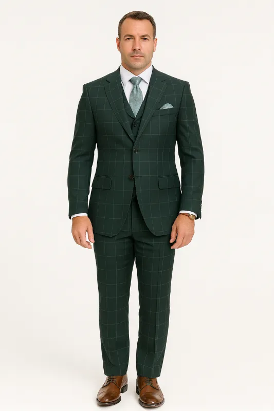 Hunter Green Plaid Suit - Windowpane Pattern Modernt Fit in Dark Green With Vest sold by Alberto Nardoni
