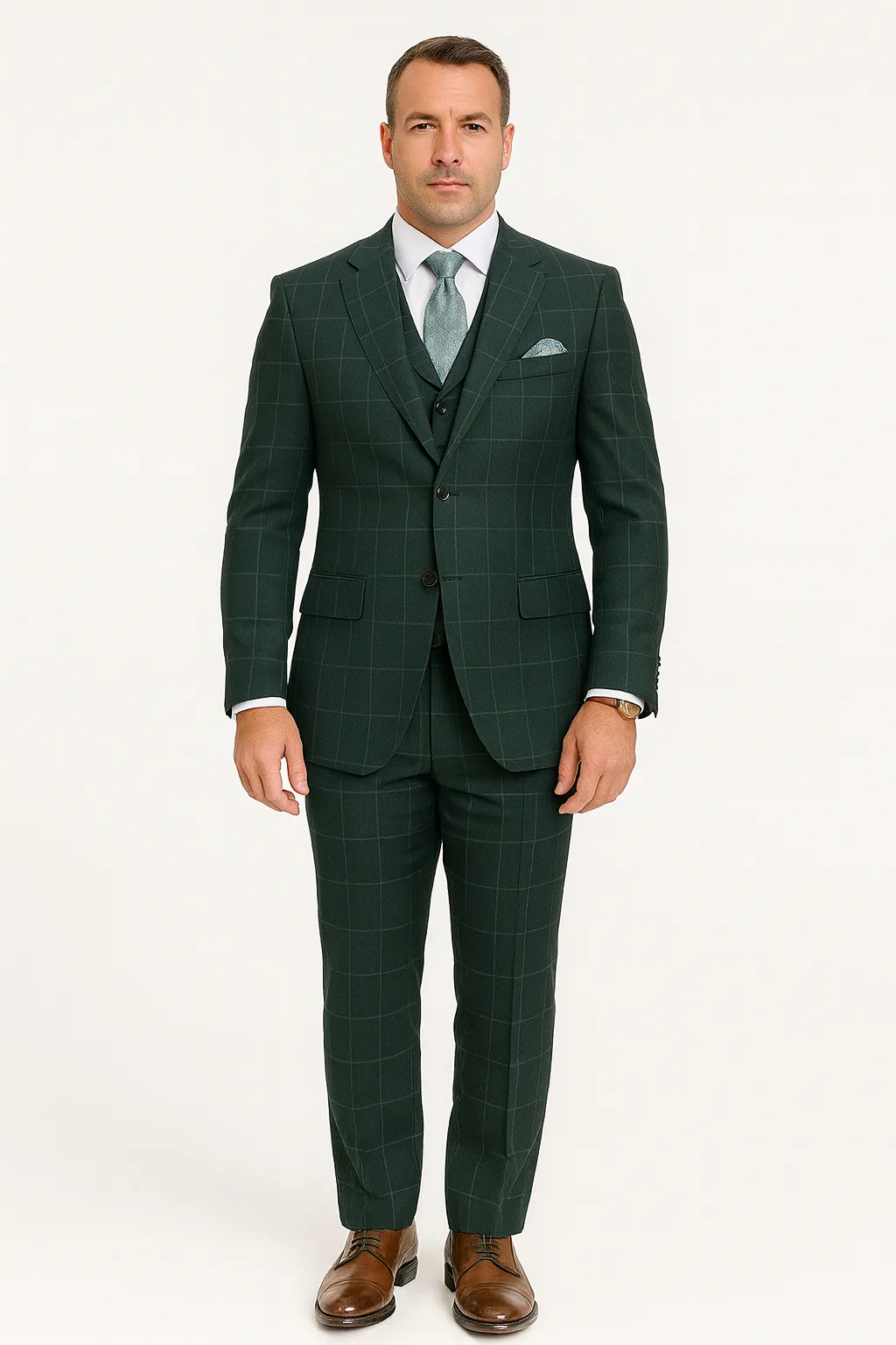 Hunter Green Plaid Suit - Windowpane Pattern Modernt Fit in Dark Green With Vest sold by Alberto Nardoni