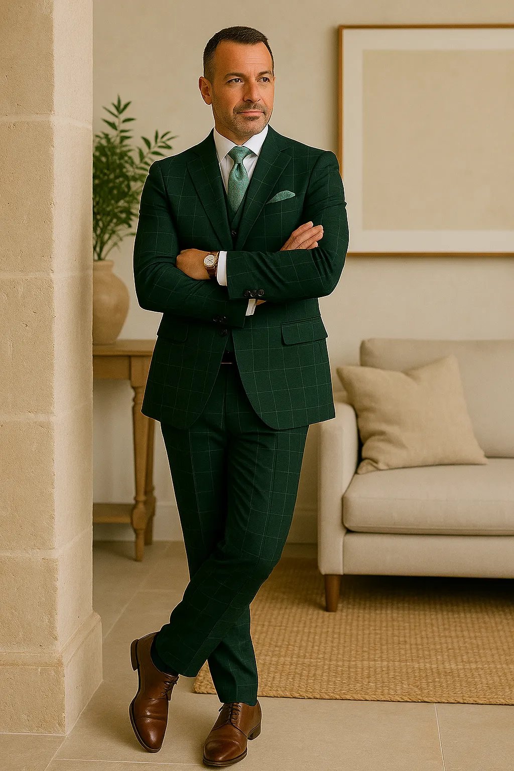 Hunter Green Plaid Suit - Windowpane Pattern Modernt Fit in Dark Green With Vest sold by Alberto Nardoni product image thumbnail 4