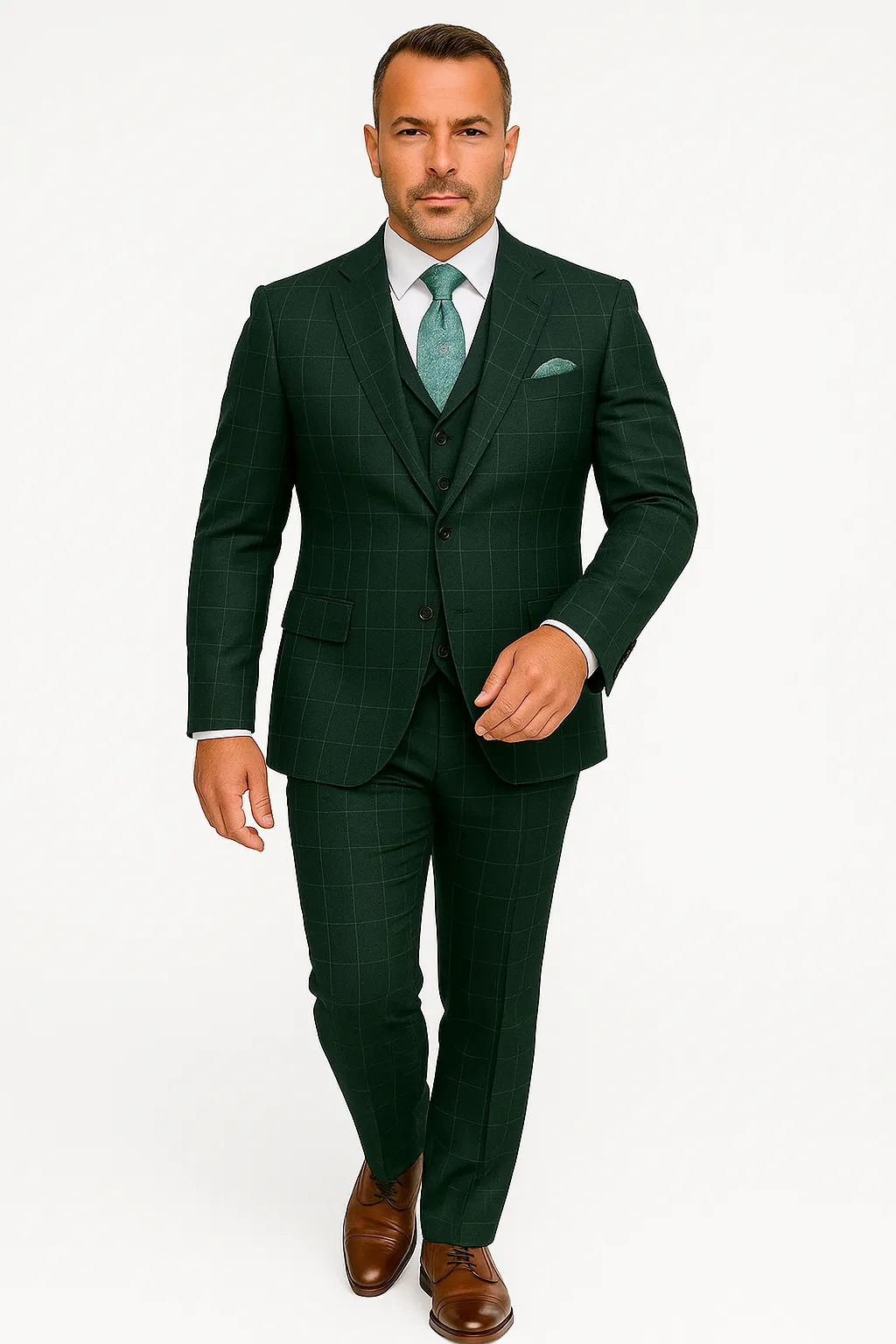 Hunter Green Plaid Suit - Windowpane Pattern Modernt Fit in Dark Green With Vest sold by Alberto Nardoni product image thumbnail 2