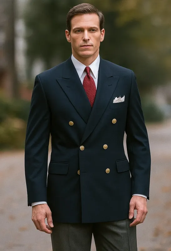 Mens Double Breasted  Blazer With Gold Buttons in Black or Navy in 100% Wool Fabric sold by Alberto Nardoni