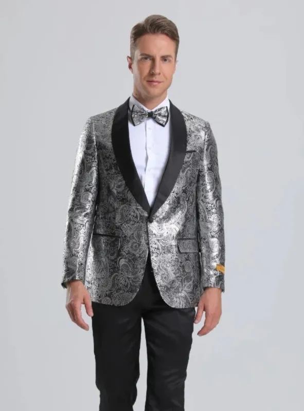 Men's Shiny Silver Sharkskin Floral Paisley Prom Tuxedo Jacket made by Alberto Nardoni
