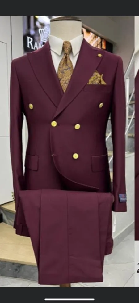 Mens Double Breasted Suits Gold Buttons - 100% Wool Burgundy Suit - Double Breasted Blazer sold by Alberto Nardoni