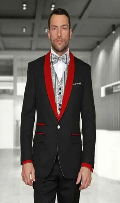 Mens Black Red Shawl 1 Button Modern Fit Two Toned Tuxedo made by Alberto Nardoni