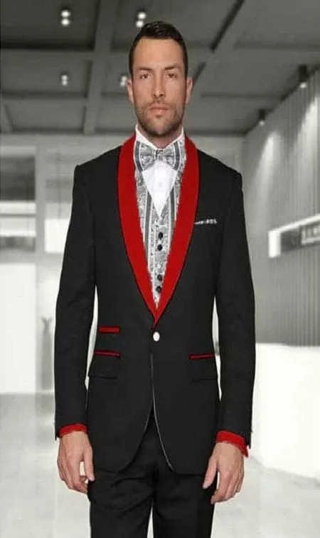 Mens Black Red Shawl 1 Button Modern Fit Two Toned Tuxedo sold by Alberto Nardoni