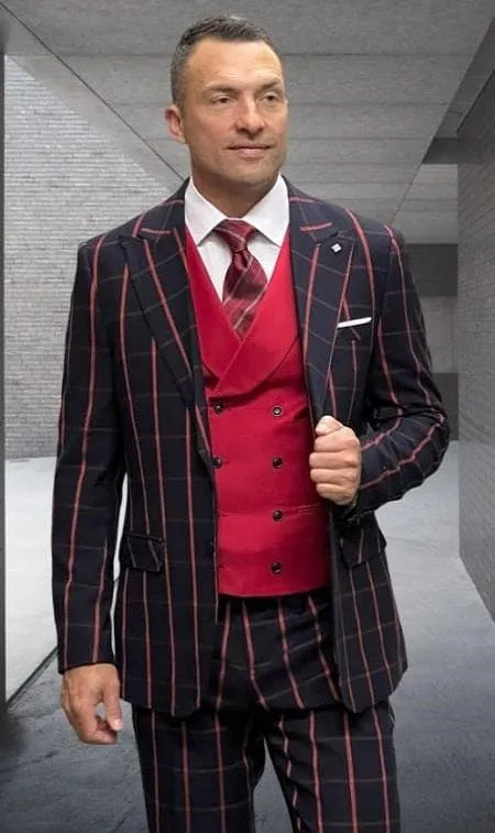 Athletic Black Red Windowpane Plaid Suit Modern Fit Wool sold by Alberto Nardoni