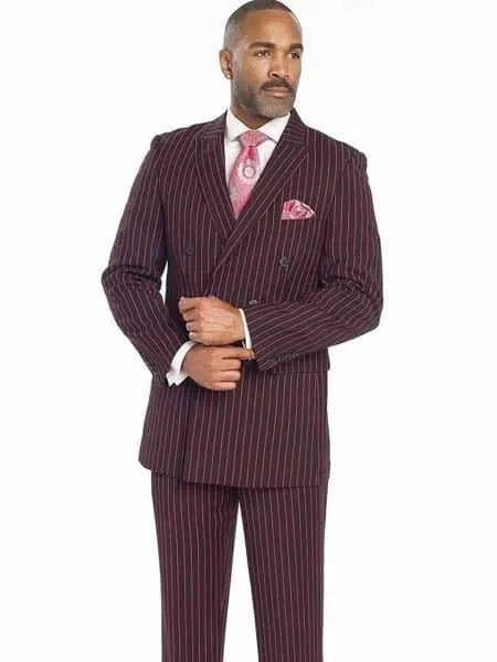 Mens New Years Outfit Men's Red Bold Chalk Stripe ~ Pinstripe White Pinstripe Pleated Pants Gangster Suit sold by Alberto Nardoni