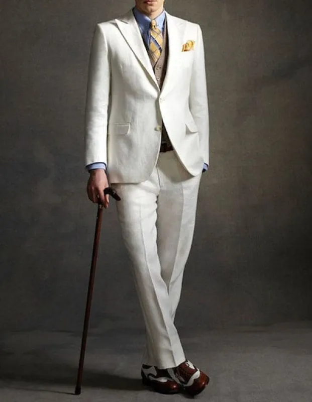 Mens The Great Gatsby Vested Peak Lapel Suit in Ivory with Brown Vest sold by Alberto Nardoni