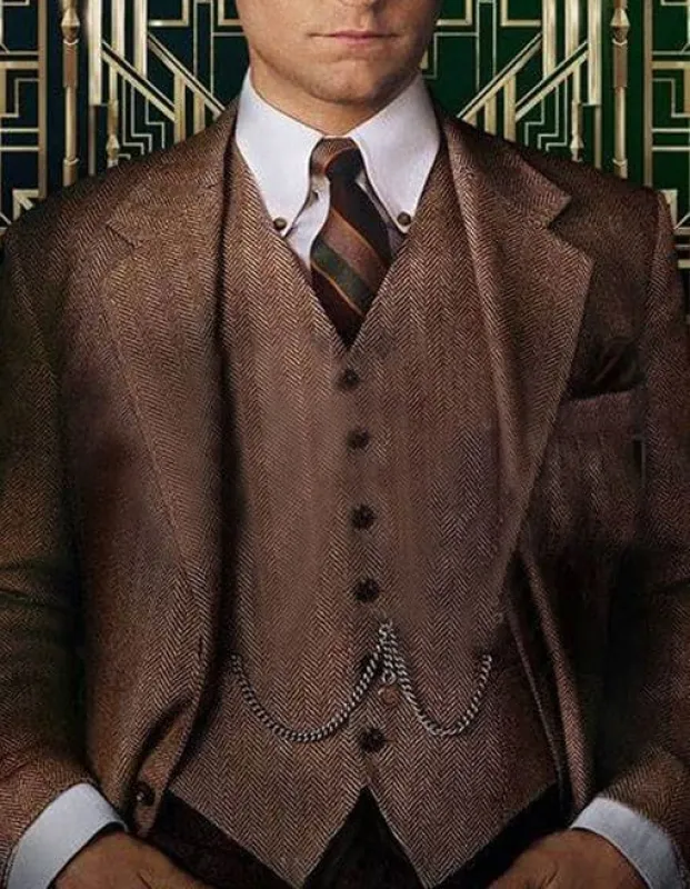 Mens Vested Great Gatsby Tweed Herringbone Tobey Maguire Suit in Light Brown sold by Alberto Nardoni