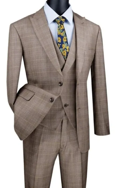 3 Piece Plaid Suit - Tan Mens Plaid Suit sold by Alberto Nardoni