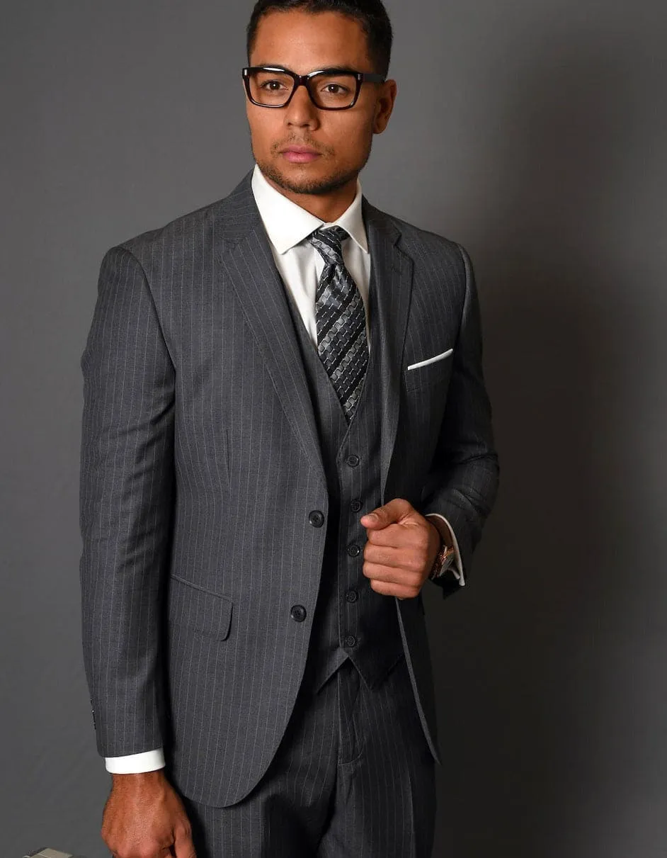 Mens Grey Suit Mens 2 Button Vested Modern Fit Wool Suit in Charcoal Grey Pinstripe sold by Alberto Nardoni