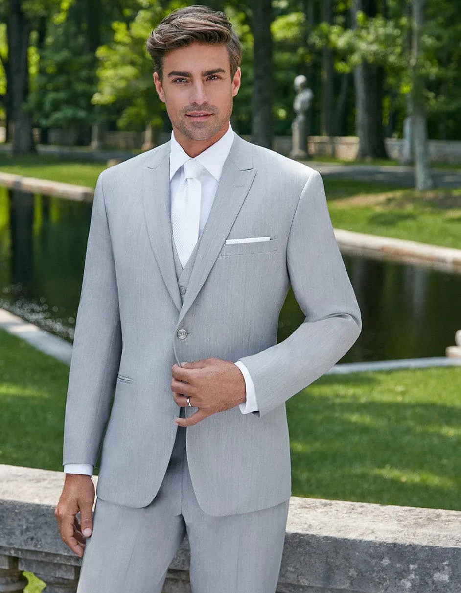 Mens Grey Suit Mens Designer 2 Button Peak Lapel Grenada Prom Tuxedo Suit in Light Grey sold by Alberto Nardoni