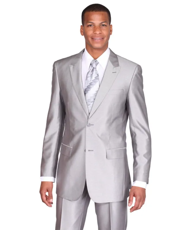 Mens Grey Suit Mens 2 Button Peak Lapel Shiny Sharkskin Suit in Silver Grey sold by Alberto Nardoni