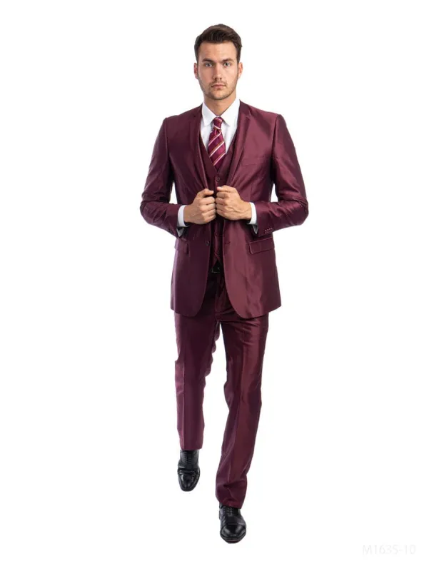 Mens Shiny Mens Tazio Vested Slim Fit Shiny Sharkskin Suit in Burgundy sold by Alberto Nardoni