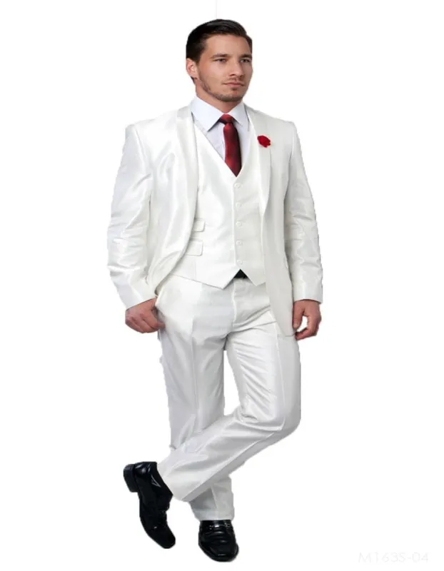 Mens Shiny Mens Tazio Vested Slim Fit Shiny Sharkskin Suit in White sold by Alberto Nardoni