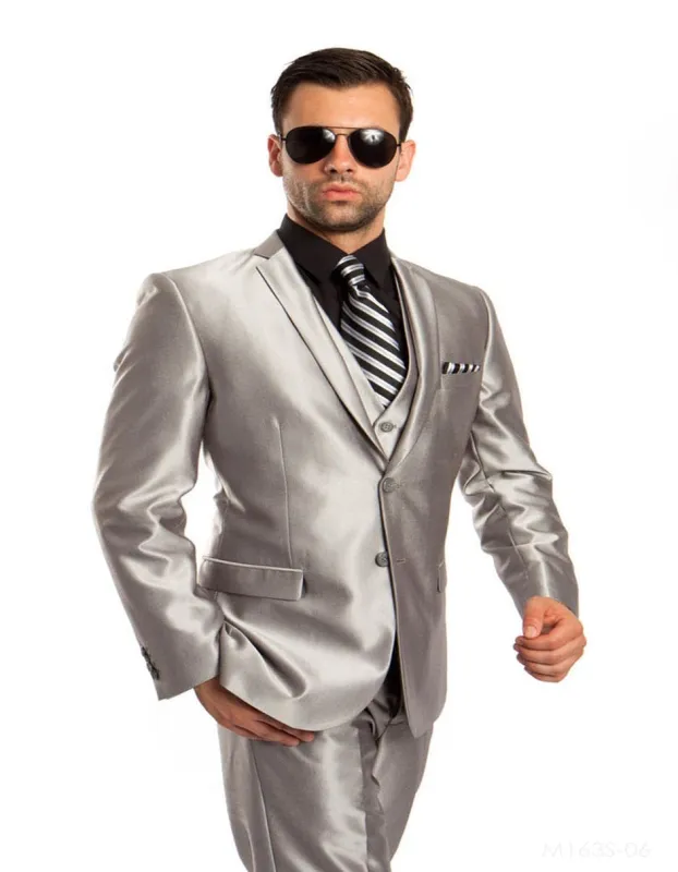 Mens Shiny Mens Tazio Vested Slim Fit Shiny Sharkskin Suit in Silver sold by Alberto Nardoni
