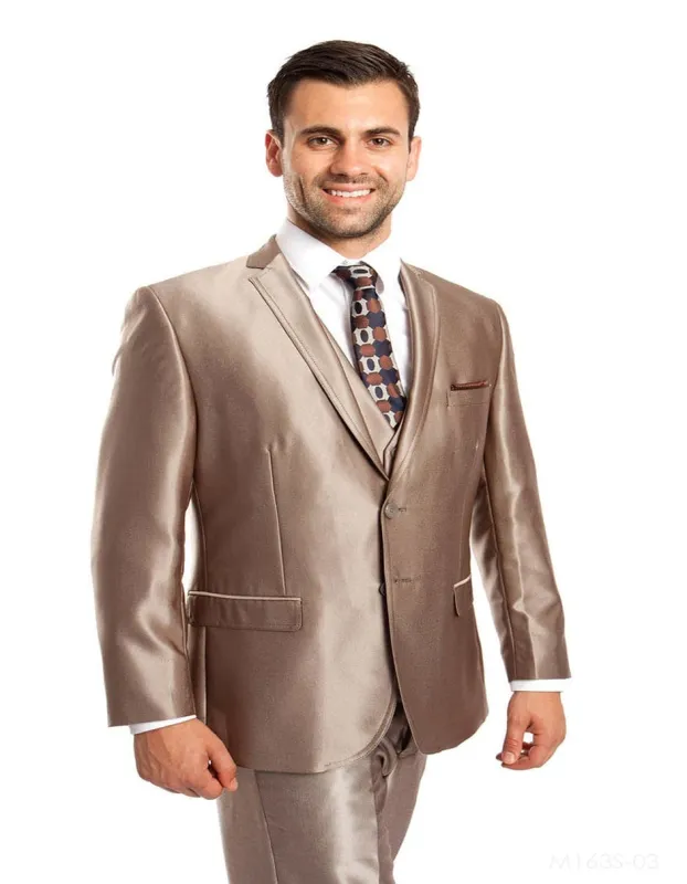 Mens Shiny Mens Tazio Vested Slim Fit Shiny Sharkskin Suit in Champagne sold by Alberto Nardoni