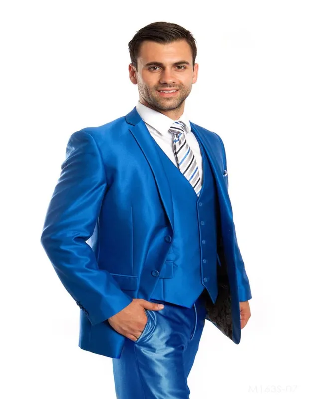 Flashy Suits Mens 2 Button Vested Shiny Sharkskin Suit in Royal Blue sold by Alberto Nardoni
