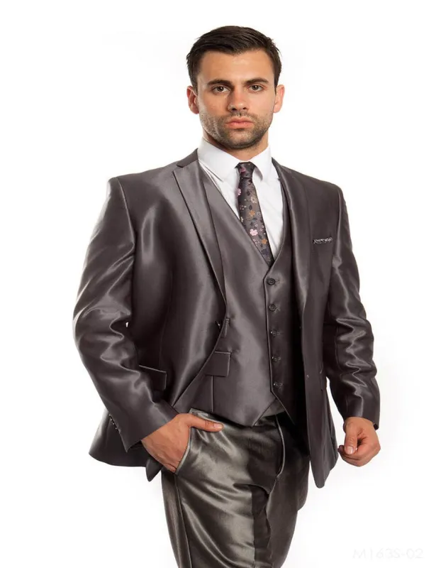 Flashy Suits Mens Tazio Vested Slim Fit Shiny Sharkskin Suit in Charcoal sold by Alberto Nardoni